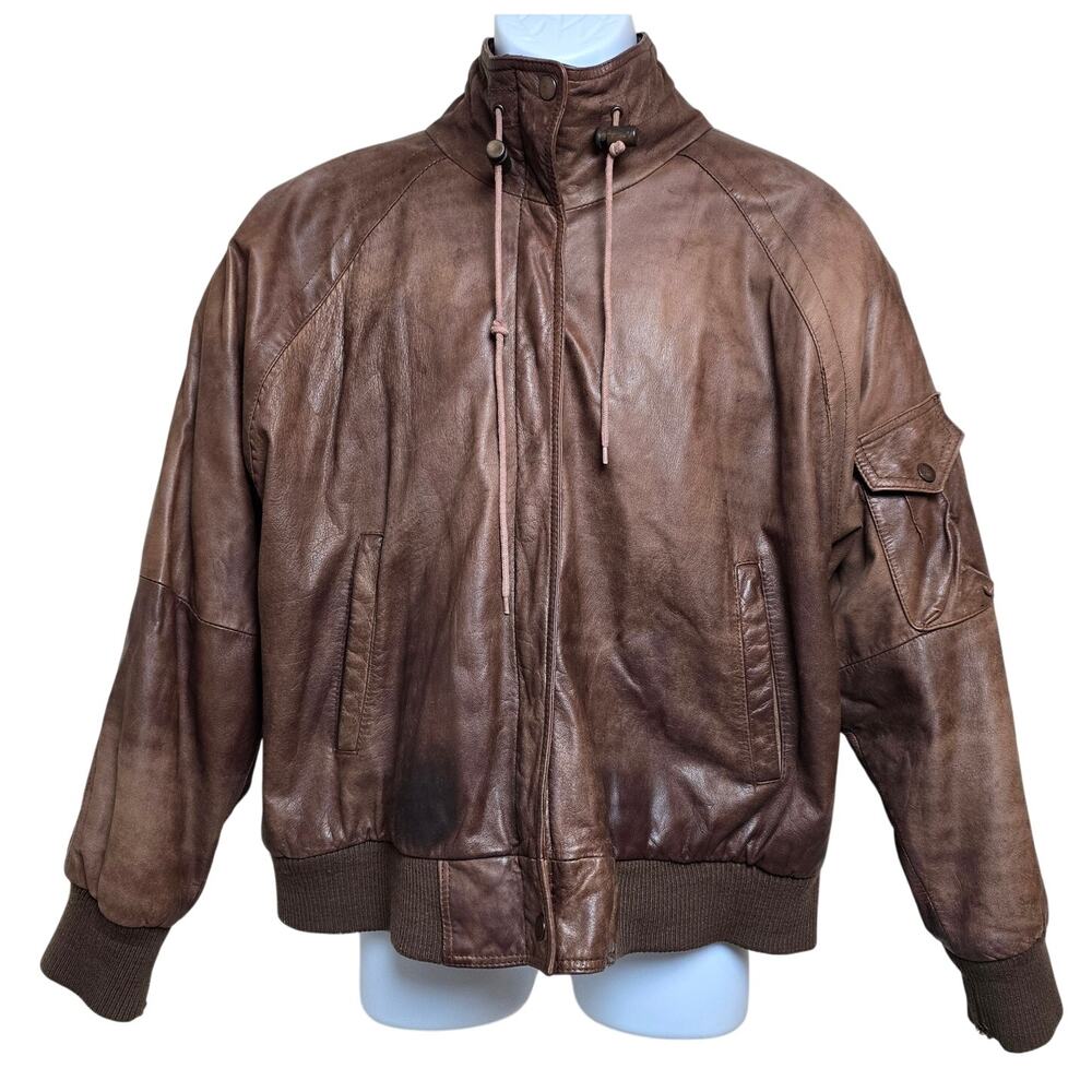 VTG Izzi Brown Bomber Jacket Insulated Normandy Lining Map Aviator Flight Mens L